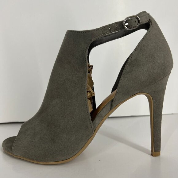 Christian Siriano Taupe / Green Faux Suede Open Toe High Heels Sz 8.5 - Picture 10 of 15